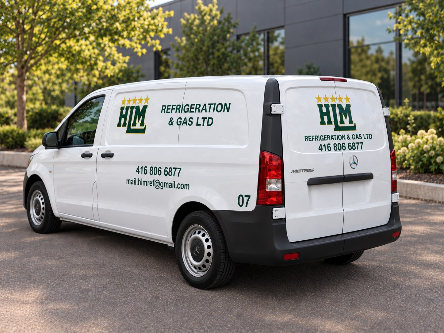 Illustration of HLM Mercedes service van 07 outside a commercial building